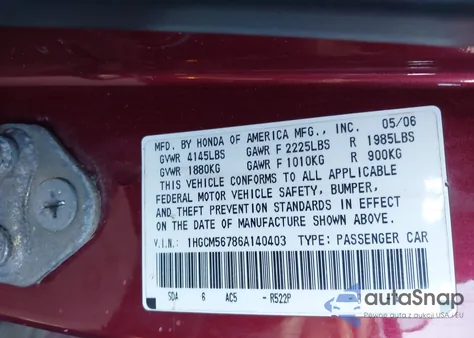 2006 Honda Accord 2.4 Ex из США, поврежденный, VIN 1HGCM56786A140403